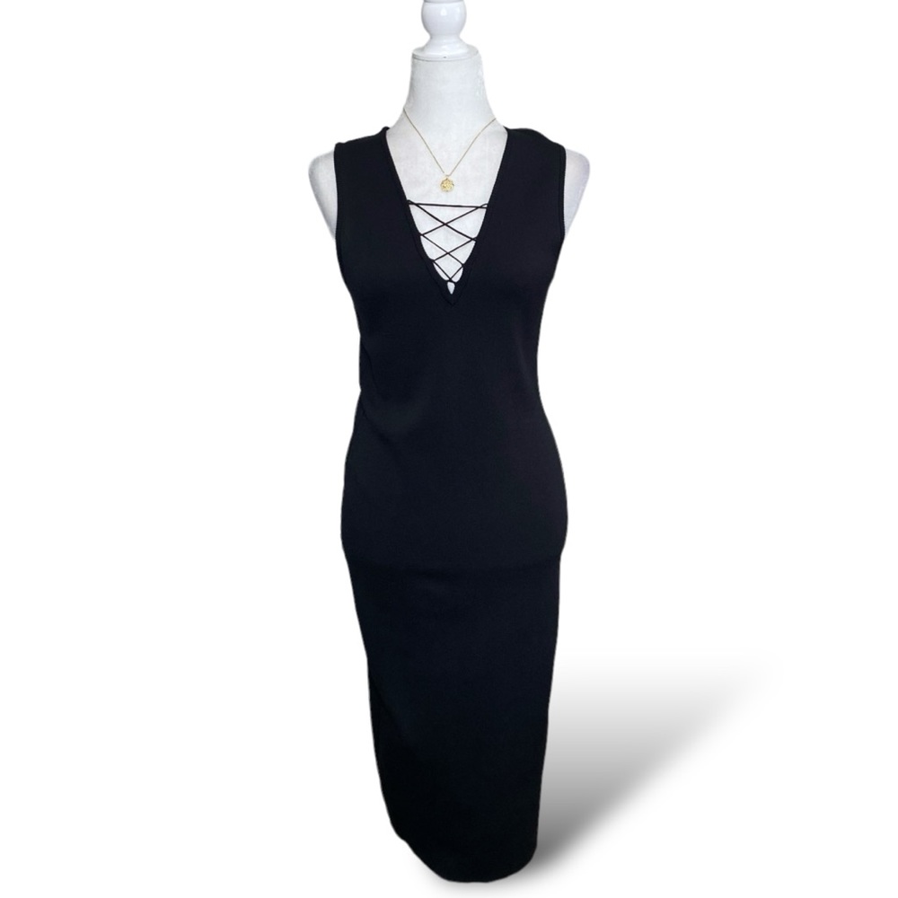 New York & Co 7th Avenue Black Heavy Knit Midi Bodycon Lace Up V Neck Dress